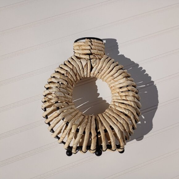 Vintage Wrought Iron Rattan Wrapped Donut Vase Boho Southwestern Candle Holder - Picture 11 of 12